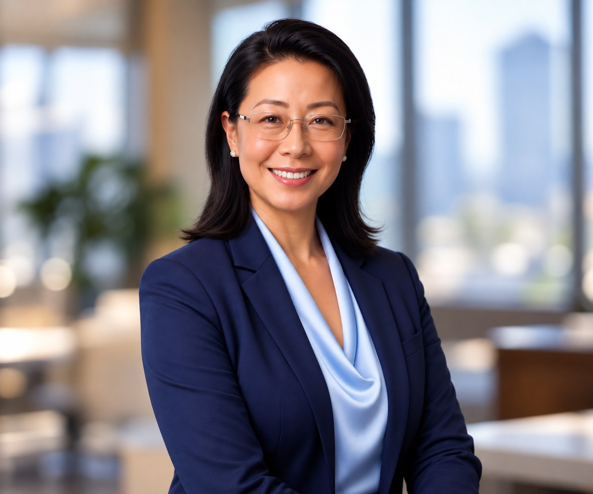 Dr.Sonya Kim smiling in a modern office with a tablet